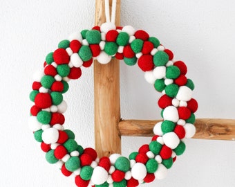 Felt Ball Wreath - Green, White and Red Felt Balls / Ethically Made from Wool Felt