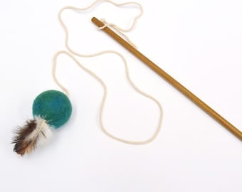 Feather Teaser Ball Cat Wand / Made from Teal Wool Felt and Feather