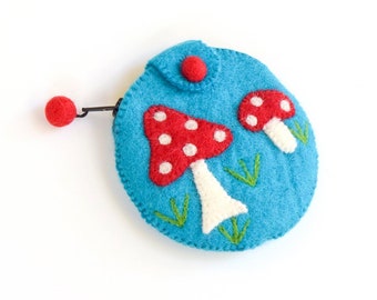 Cyan Blue Mushroom Coin Purse Wool Felt