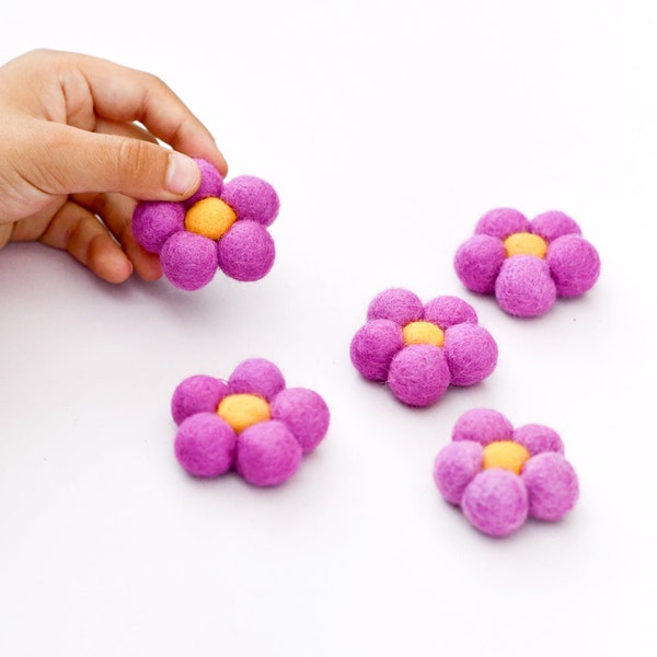 Felt Violet Coloured Daisy Flowers | Set of 5 Felt Violet Ball Flowers