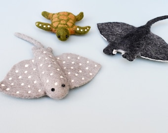 Felt Sea Reef Creatures Toys - Manta Ray, Eagle Ray and Green Sea Turtle - Needle Felted Small World Play