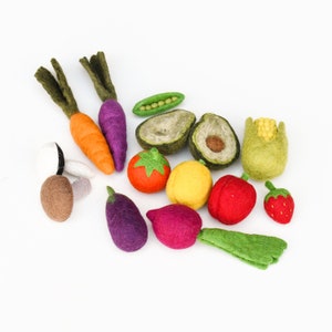 Felt Vegetables and Fruit Set | Made from Wool Felt | Carrot, Avocado, Radish, Corn, Bean, Mushroom | Tara Treasures