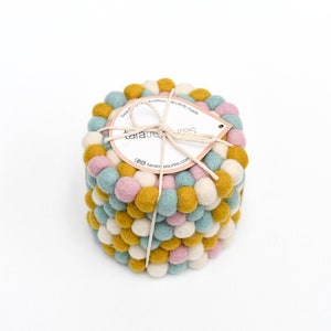 6 Pastel Felt Ball Cup Coasters, Bundle of 6