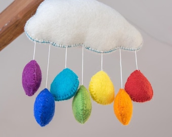 Cloud Nursery Cot Crib Mobile with Colorful Raindrops Wool Felt