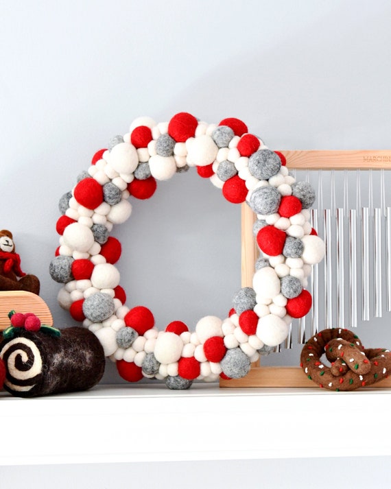 Buy Wool Felt Ball Red & White Wreath - Felt and Yarn