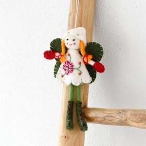 Felt Christmas Fairy with White Dress Green Wings | Felt Fairy Christmas Ornament Hanging