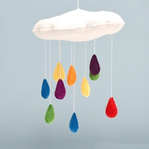 Cloud Nursery Mobile with Colourful Raindrops Wool Felt