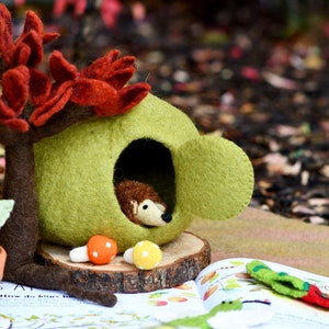 Green Apple Felt Fairy House with Hedgehog Toy Wool Felt Waldorf Inspired image 1