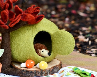 Green Apple Felt Fairy House with Hedgehog Toy Wool Felt Waldorf Inspired