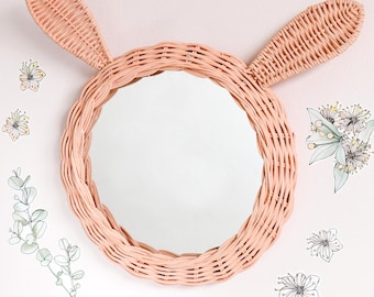 Rattan Bunny Mirror Blush Pink Colour / Wicker Cane Mirror