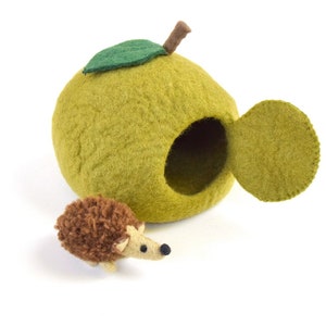 Green Apple Felt Fairy House with Hedgehog Toy Wool Felt Waldorf Inspired image 4