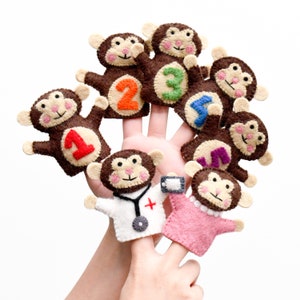 May include: Set of nine felt finger puppets featuring brown monkeys with different colored numbers and a doctor and a nurse monkey.