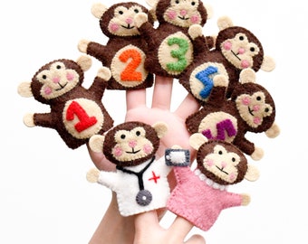 Fünf kleine Affen Fingerpuppen Set (7er Set) | Handgefertigt aus Wollfilz | Kinderreim Fingerpuppen