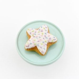 May include: A star-shaped cookie with white icing and colourful sprinkles on a light blue plate.