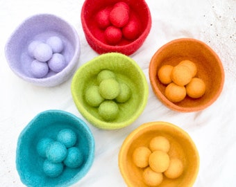 Colourful Felt Colour Sorter Balls and Bowls | Set of 6 Felt Balls and Bowls in Red, Burnt Orange, Yellow, Green, Blue and Lilac Purple
