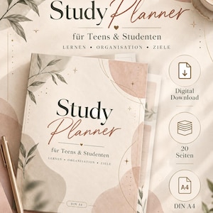 Könnte beinhalten: Ein Study Planner für Teens & Studenten mit beigem und zartrosa abstraktem Design und botanischen Blattillustrationen. Das Cover zeigt den Text Study Planner für Teens & Studenten LERNEN • ORGANISATION • ZIELE sowie DIN A4.