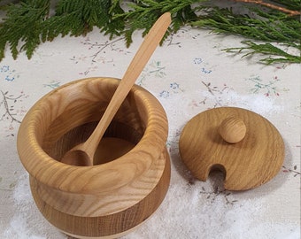 Handmade Oak Salt and Sugar Box - Kitchen Storage Jar With Spoon - Elegant Oakwood Container