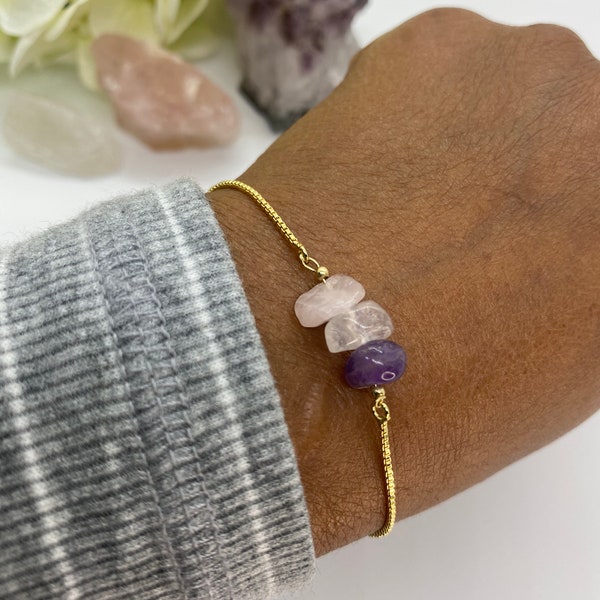 Clear Quartz, Rose Quartz and Amethyst Gold  Bracelet