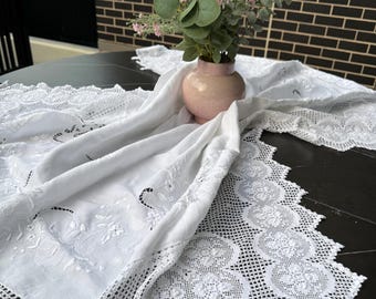 Vintage Linen Tablecloth | 1950s Broderie Anglaise Embroidery, Crochet Lace Centrepiece