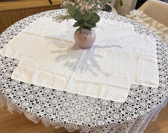 Vintage White Crochet Lace Tablecloth | Antique Linen Centre, Floral Border, Farmhouse Decor