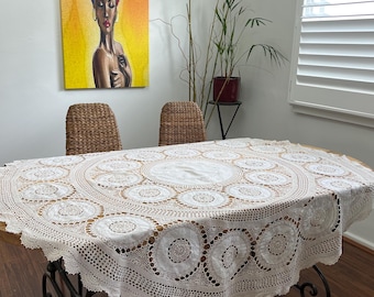 Vintage Crochet Lace Tablecloth – Round Beige Table Cover – Handmade Shabby Chic Cottagecore Décor