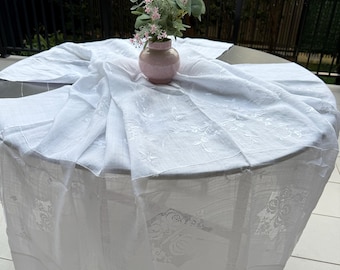 Vintage White Linen Tablecloth | Handmade Broderie Anglaise Embroidery | Farmhouse Cottage Decor | Antique Table Linen