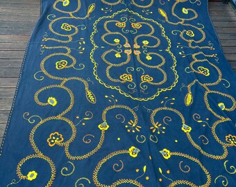 Vintage Embroidered Linen Bedspread – Dark Blue Boho Throw, Tablecloth