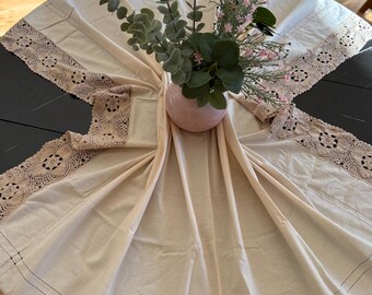 Vintage Beige Linen Tablecloth | Handmade Crochet Lace Trim | Antique Farmhouse Tablecloth | Cottage Style Linens