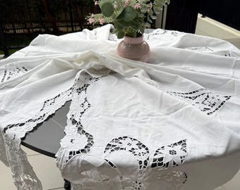 Vintage Linen Tablecloth | Handmade Cutwork Embroidery, White Farmhouse Decor