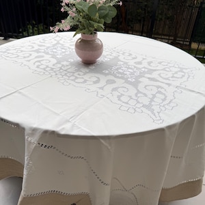 Pure Linen Tablecloth | Handmade Cutwork Farmhouse Table Linen (212cm x 170cm)
