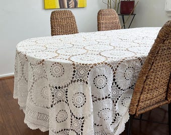 Large Vintage Linen Crochet Tablecloth | White Shabby Chic Lace, Farmhouse Wedding Decor
