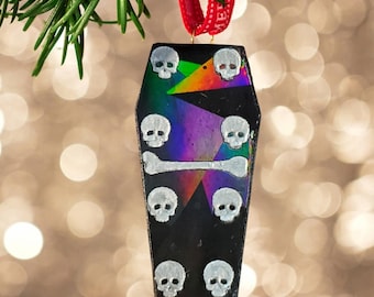 hand made holographic coffin shaped dominos dominoes with skulls & bones,  box available.  Halloween games, 28 count