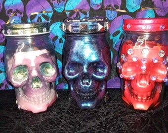 Handmade Mason jar candle with lid and skull shaped