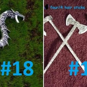 May include: Two images of silver hair sticks. The first image shows a silver dragon-shaped hair stick. The second image shows four silver hair sticks, two are axe-shaped and two are sword-shaped. The text "four/4 hair sticks" is visible in the second image.