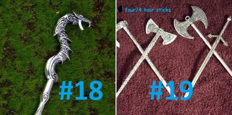 May include: Two images of silver hair sticks. The first image shows a silver dragon-shaped hair stick. The second image shows four silver hair sticks, two are axe-shaped and two are sword-shaped. The text "four/4 hair sticks" is visible in the second image.