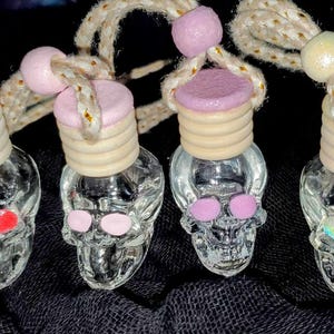 Pode incluir: Quatro garrafas de vidro em forma de caveira com tampas e cordas de diferentes cores. As garrafas são cheias de um líquido transparente e têm um desenho de caveira na frente.