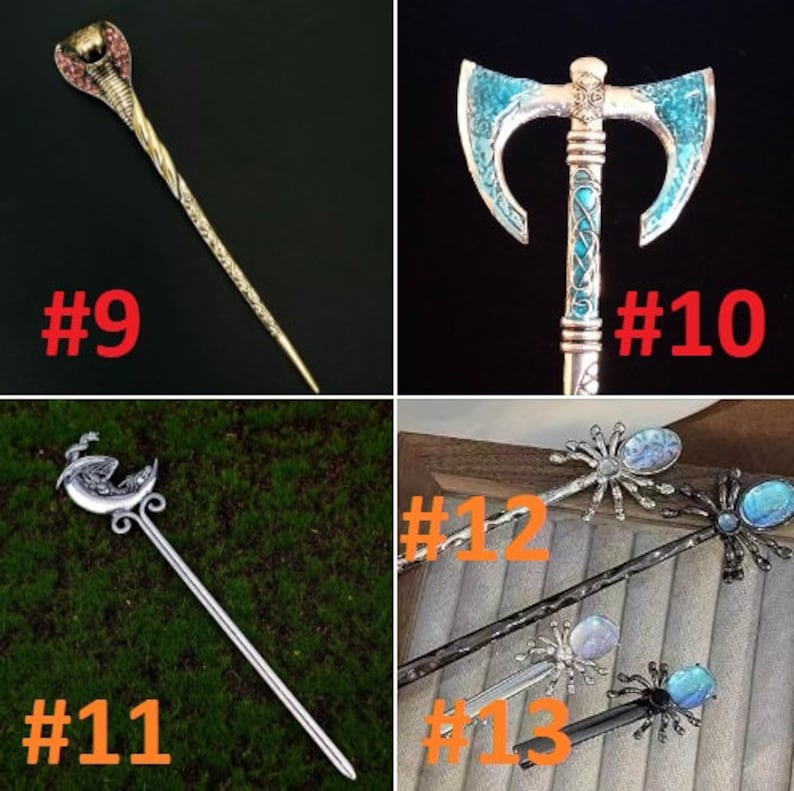 May include: Four different hair sticks with decorative tops. The first stick has a gold snake head, the second has a blue axe head, the third has a silver crescent moon with a bird, and the last three have silver spiders with blue gemstones.