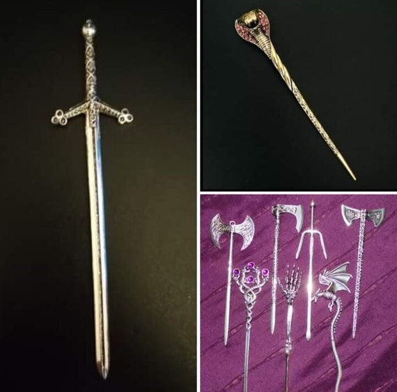 hair sticks Battle axe, hatchet, snake, Viking, cobra, dragon, sword, skeleton