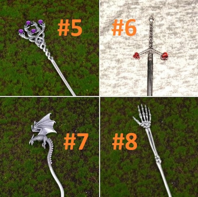 May include: Four different hair sticks with decorative tops. The first stick has a purple and silver dragon design with purple gems. The second stick has a silver sword design with red gems. The third stick has a silver dragon design. The fourth stick has a silver skeleton hand design. The sticks are numbered 5 through 8.