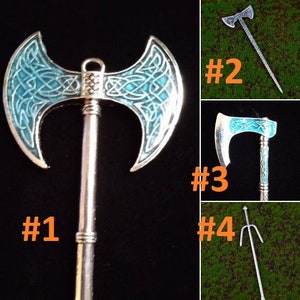 May include: Four different axes with blue and silver designs. The first axe has a double-headed blade with a Celtic knot design. The second axe has a single-headed blade with a silver handle. The third axe has a single-headed blade with a blue and silver handle. The fourth axe has a three-pronged blade with a silver handle.