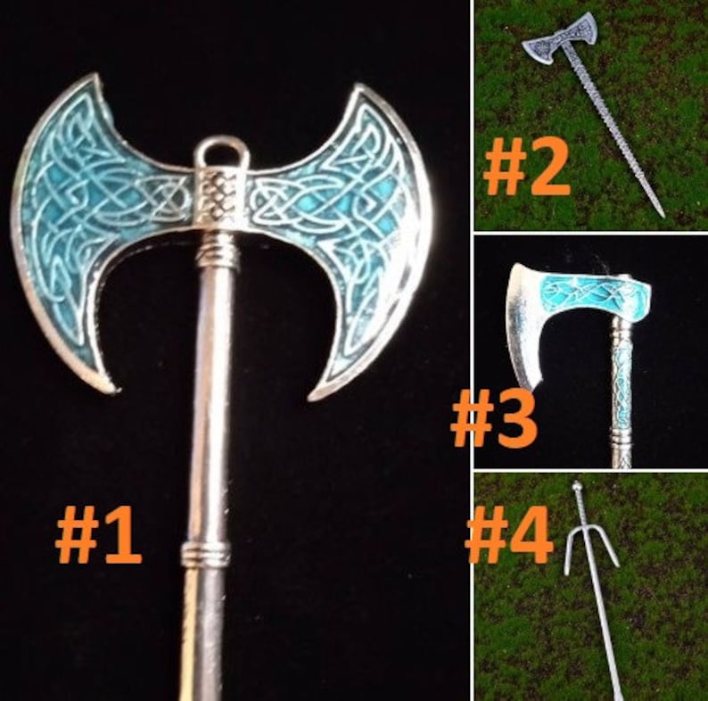 May include: Four different axes with blue and silver designs. The first axe has a double-headed blade with a Celtic knot design. The second axe has a single-headed blade with a silver handle. The third axe has a single-headed blade with a blue and silver handle. The fourth axe has a three-pronged blade with a silver handle.