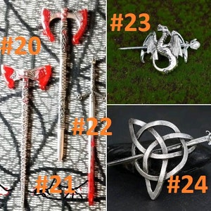 May include: Four silver hair clips with different designs. The first clip is a silver axe with red accents. The second clip is a silver sword with a red handle. The third clip is a silver knot design. The fourth clip is a silver dragon with a silver stick.