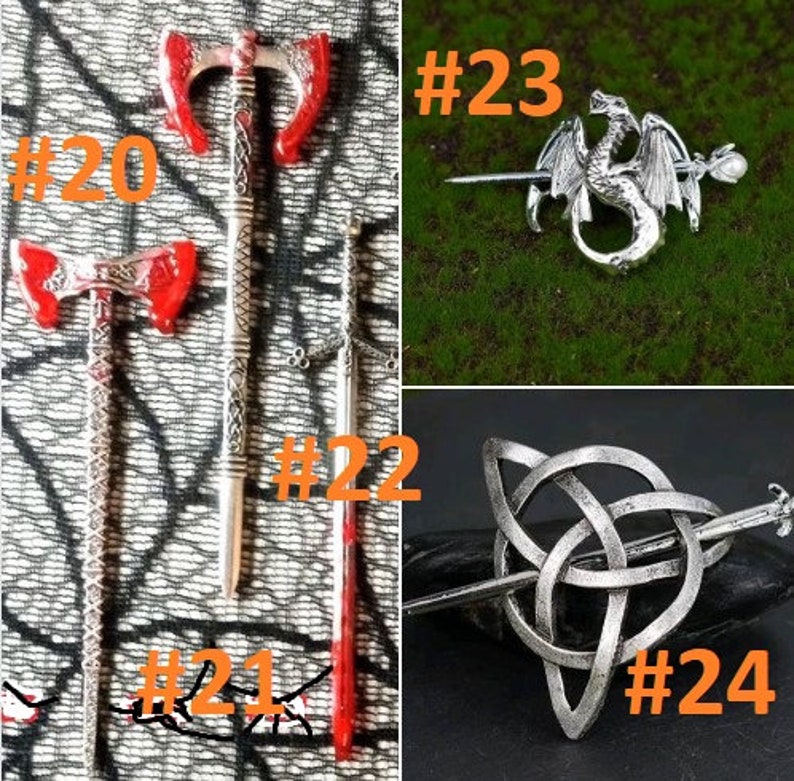 May include: Four silver hair clips with different designs. The first clip is a silver axe with red accents. The second clip is a silver sword with a red handle. The third clip is a silver knot design. The fourth clip is a silver dragon with a silver stick.