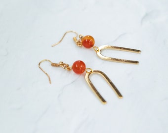 Gold Earrings with Amber Glass Accent