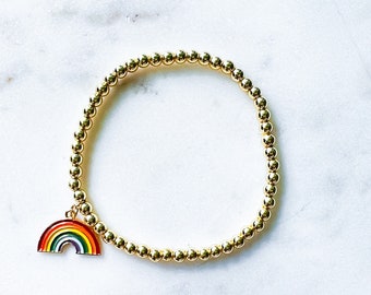 PRIDE Gold Bead Bracelets with Rainbow Charm benefitting The Trevor Project