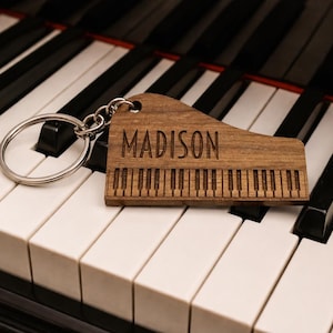 Personalized Piano Keychain with Name, Engraved Wood, Custom Keyring for Music Lovers, Baby Grand