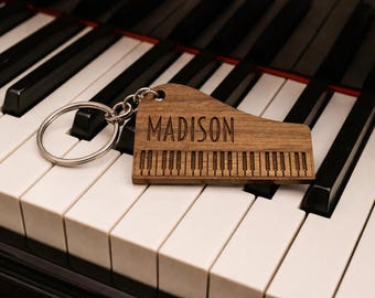 Personalized Piano Keychain with Name, Engraved Wood, Custom Keyring for Music Lovers, Baby Grand