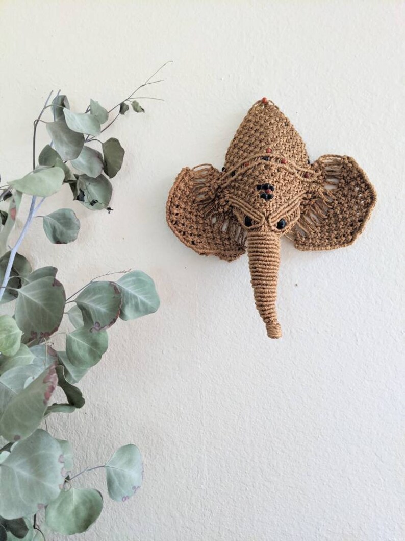 Mid Century Ganesha Macrame Wall Hanging with Wood Bead Accents