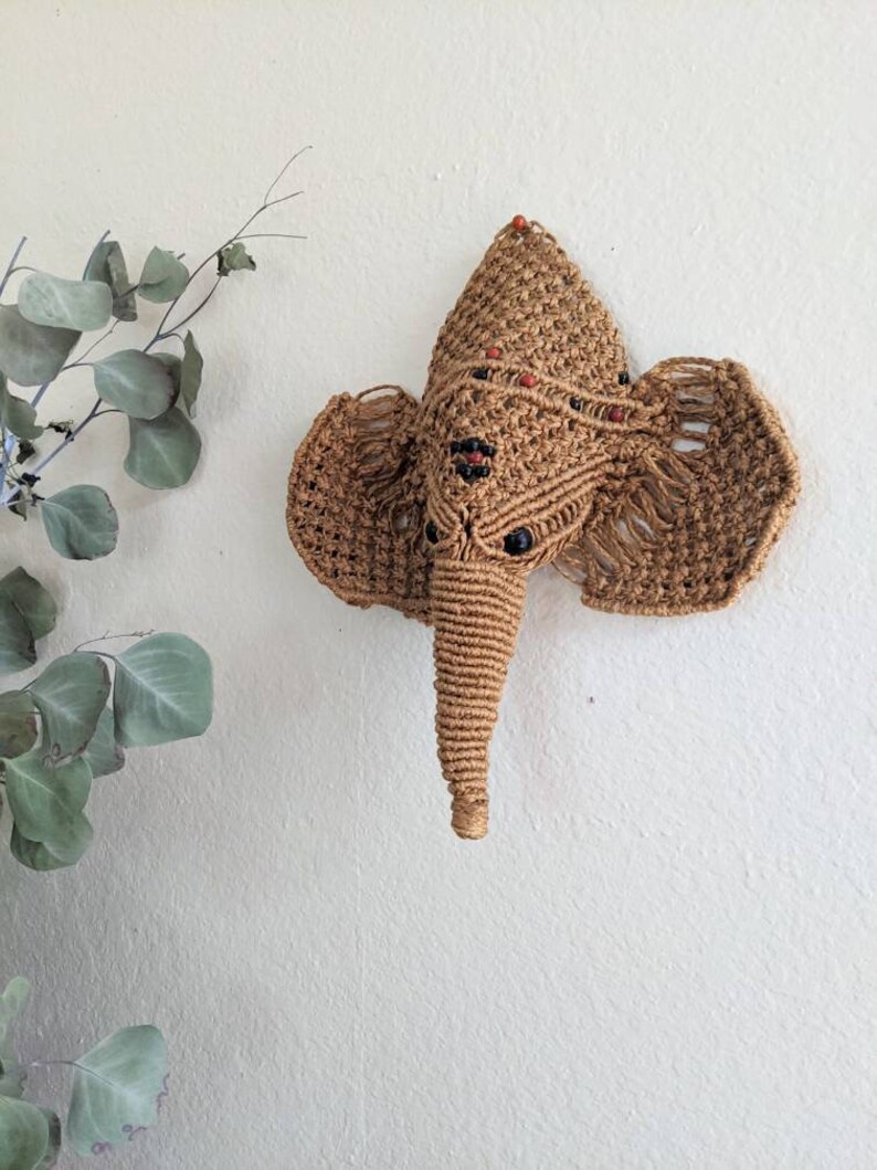 Mid Century Ganesha Macrame Wall Hanging with Wood Bead Accents