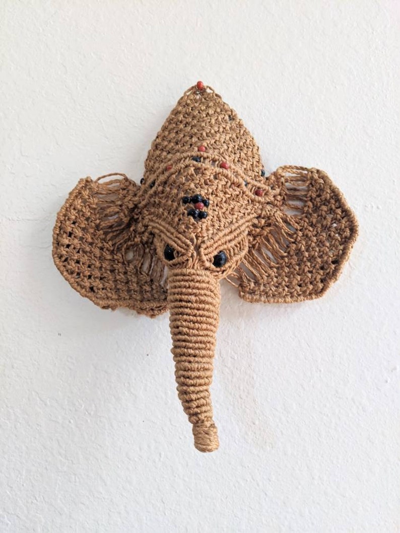 Mid Century Ganesha Macrame Wall Hanging with Wood Bead Accents
